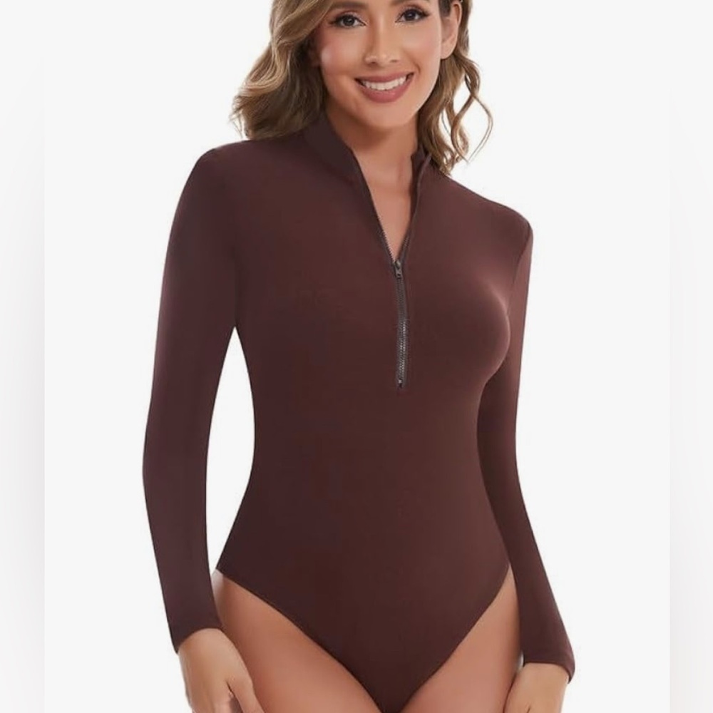 Women's Zip Up Deep V Long Sleeve Bodysuit Tops Mock (061)